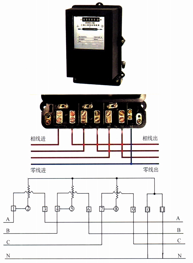 图13-8 三相电度表直接接线示意图 图13-8 三相电度表直接接线示意图
